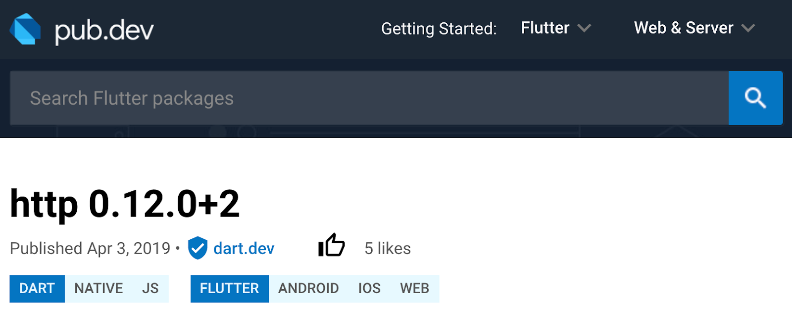 *pub.dev package detail page showing SDK and platform compatibility tags*