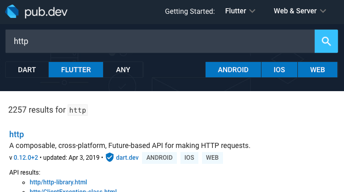 *pub.dev search UI showing SDK and platform filter support*