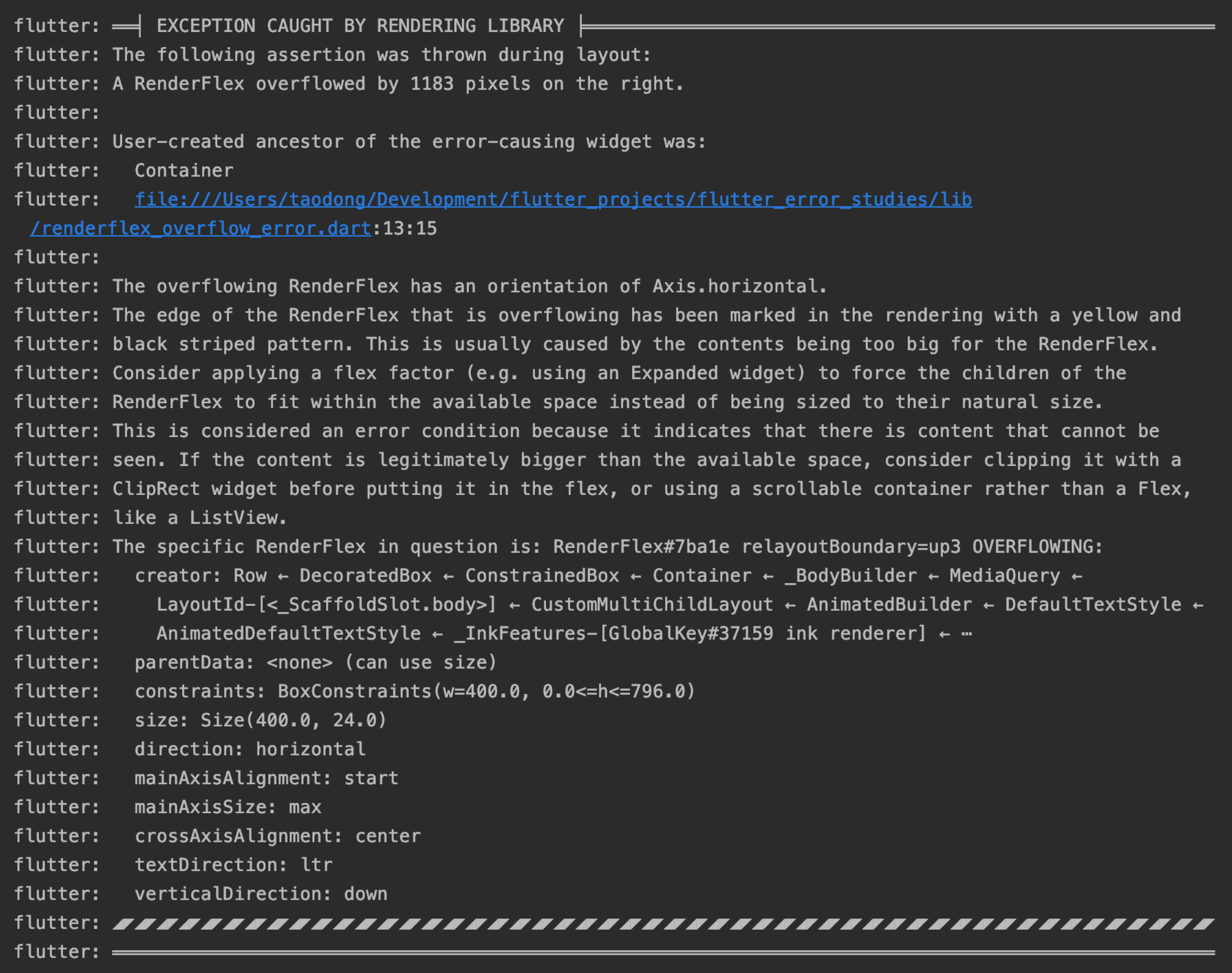 The original message for the same RenderFlex Overflow error